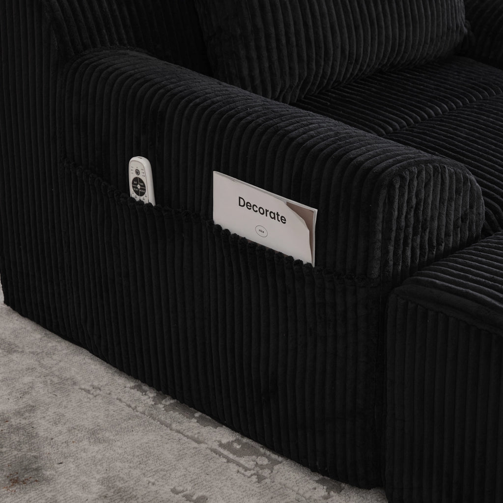 Poltrona Oversize con Poggiapiedi e Tasche Laterali; Seduta Profonda; Poltrona Imbottita in Velluto a Coste Nero