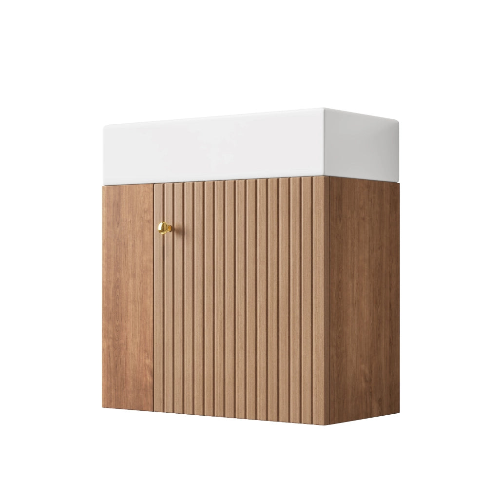 Mobile sottolavabo compatto con lavabo in ceramica finitura lucida e chiusura ammortizzata marrone 69 × 52 × 32 cm