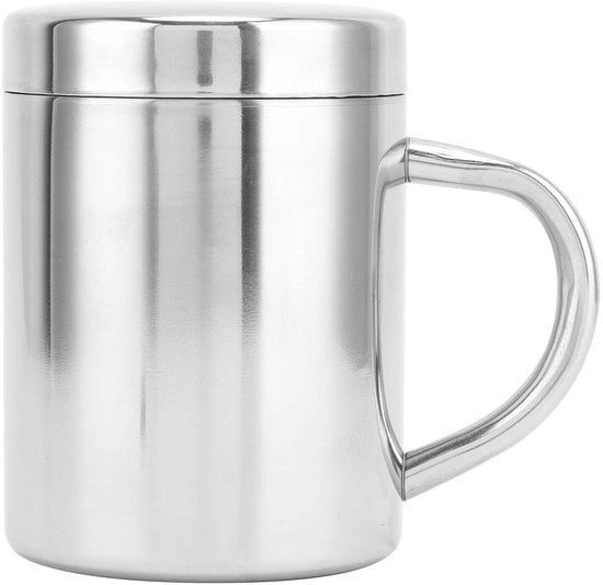 Tazza da Tè in Acciaio Inossidabile - Caffettiera Durevole - Maniglia Comoda - 300ml - Bicchiere Riciclabile - Ideale per la Casa - Argento