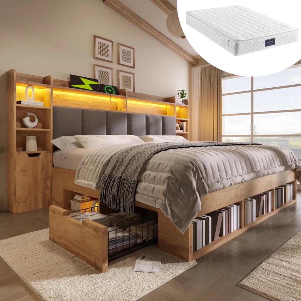 Letto 160x200 cm con LED e prese USB; contenitore e comodini mobili in legno colore quercia