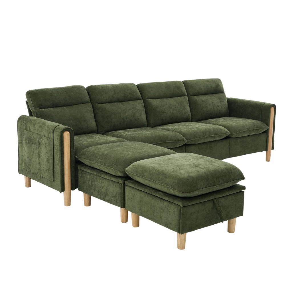 Divano modulare 4 posti con 2 pouf contenitore in ciniglia verde HOMVRA