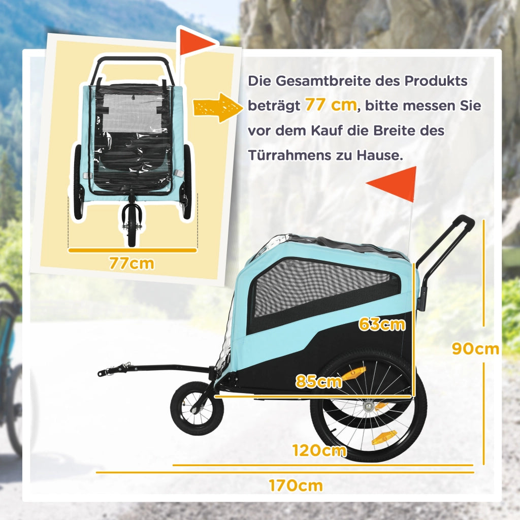 Carrello pieghevole 2 in 1 per cani con rimorchio bici, finestrini a rete, telaio in acciaio, blu 170 × 77 × 90 cm