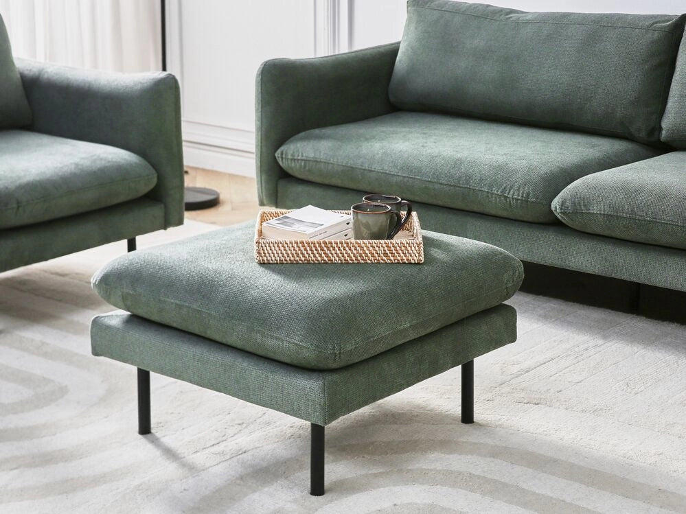 Pouf quadrato con cuscino in tessuto di ciniglia verde chiaro con gambe nere stile moderno retrò