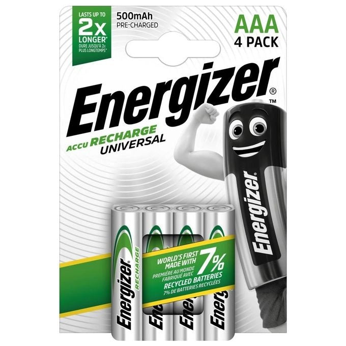 Energizer E301375700 Recharge Universal Batteria Ricaricabile Ministilo AAA Ni-MH 1,2V 500 mAh confezione 4 pezzi colore Verde Argento