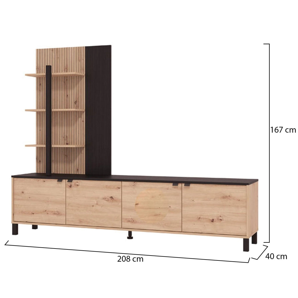 Mobile Soggiorno Staletti, Parete Attrezzata 4 Ripiani, 208x40x167h cm Marrone Rovere Nodi