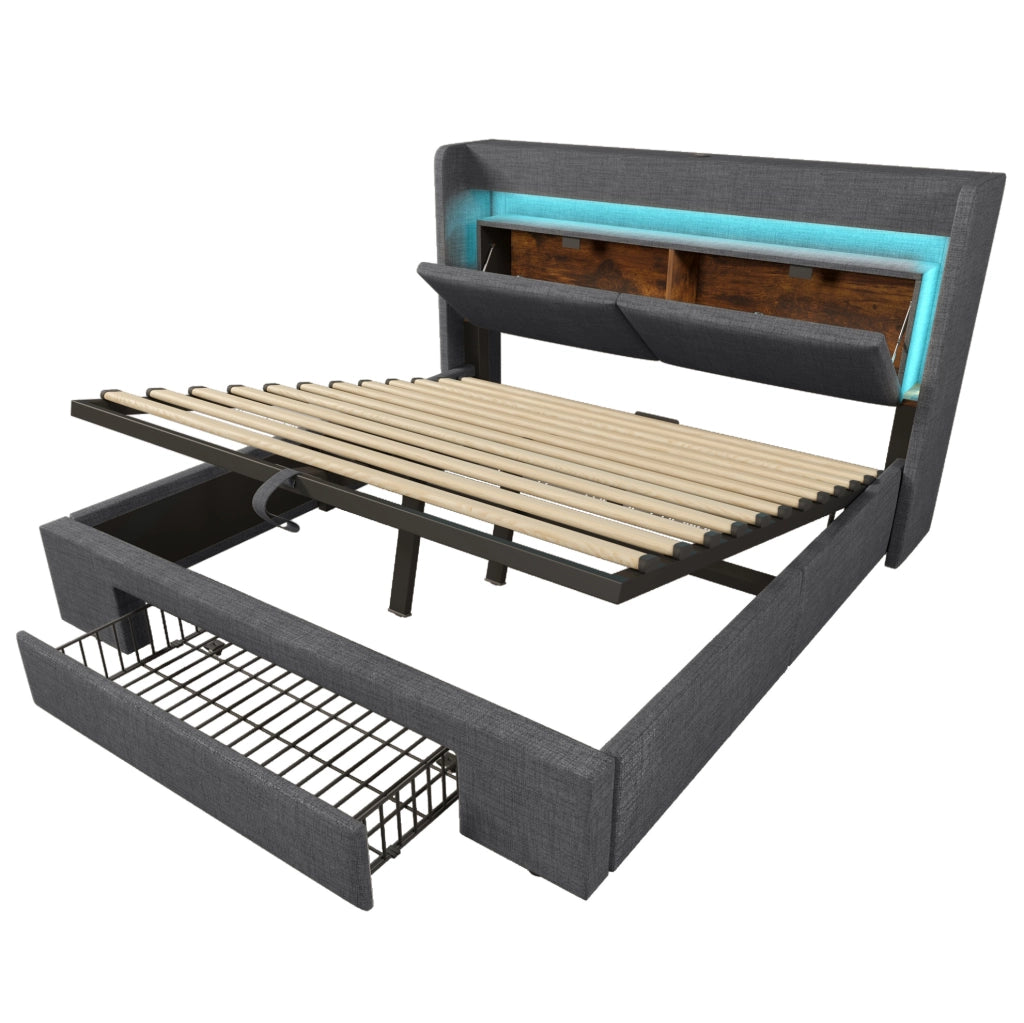 Letto matrimoniale 160x200 cm in lino grigio con contenitore; LED; USB e materasso