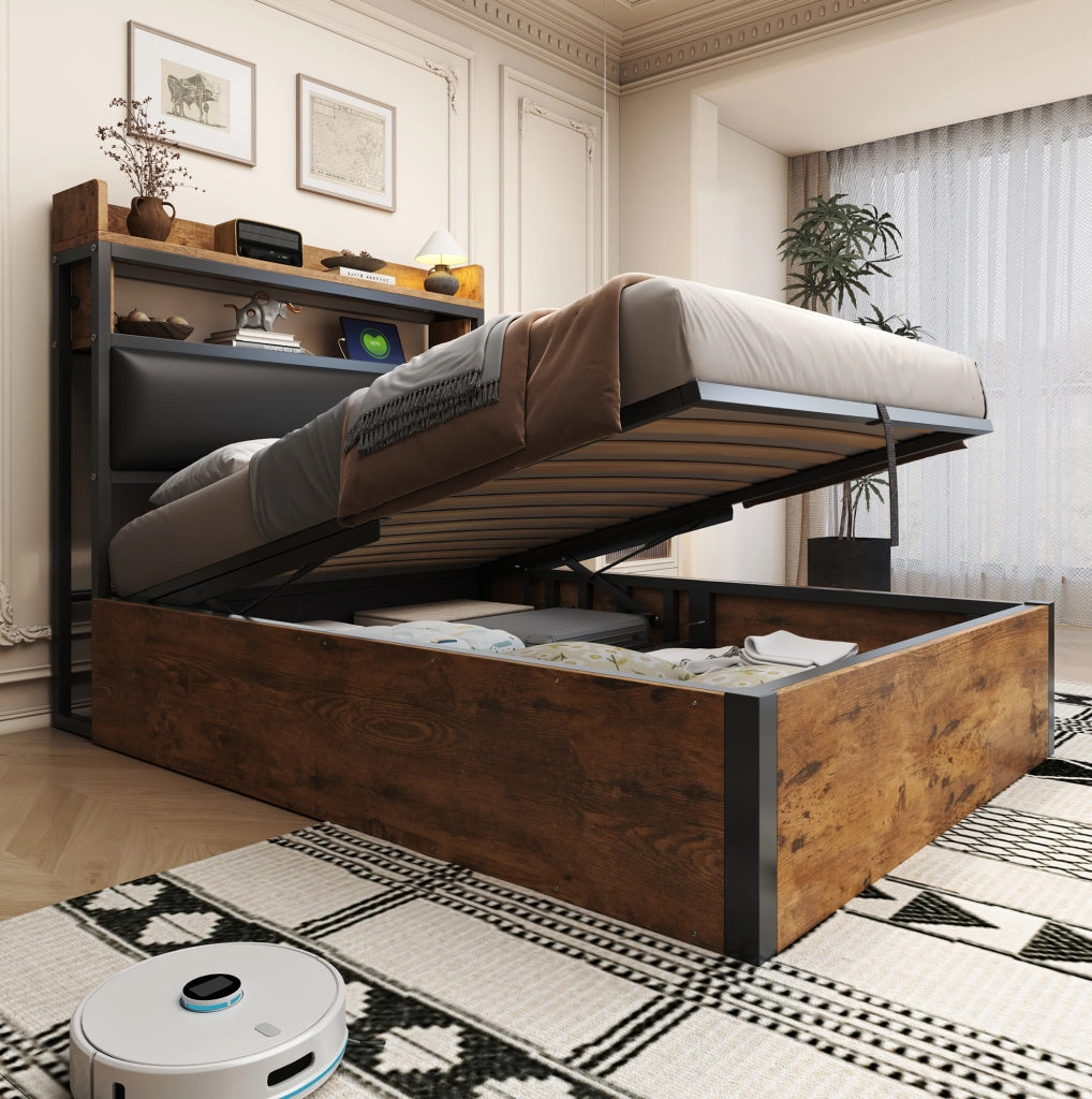 Letto contenitore 90x200 cm con sollevamento idraulico; USB e testiera imbottita in metallo; legno e tessuto