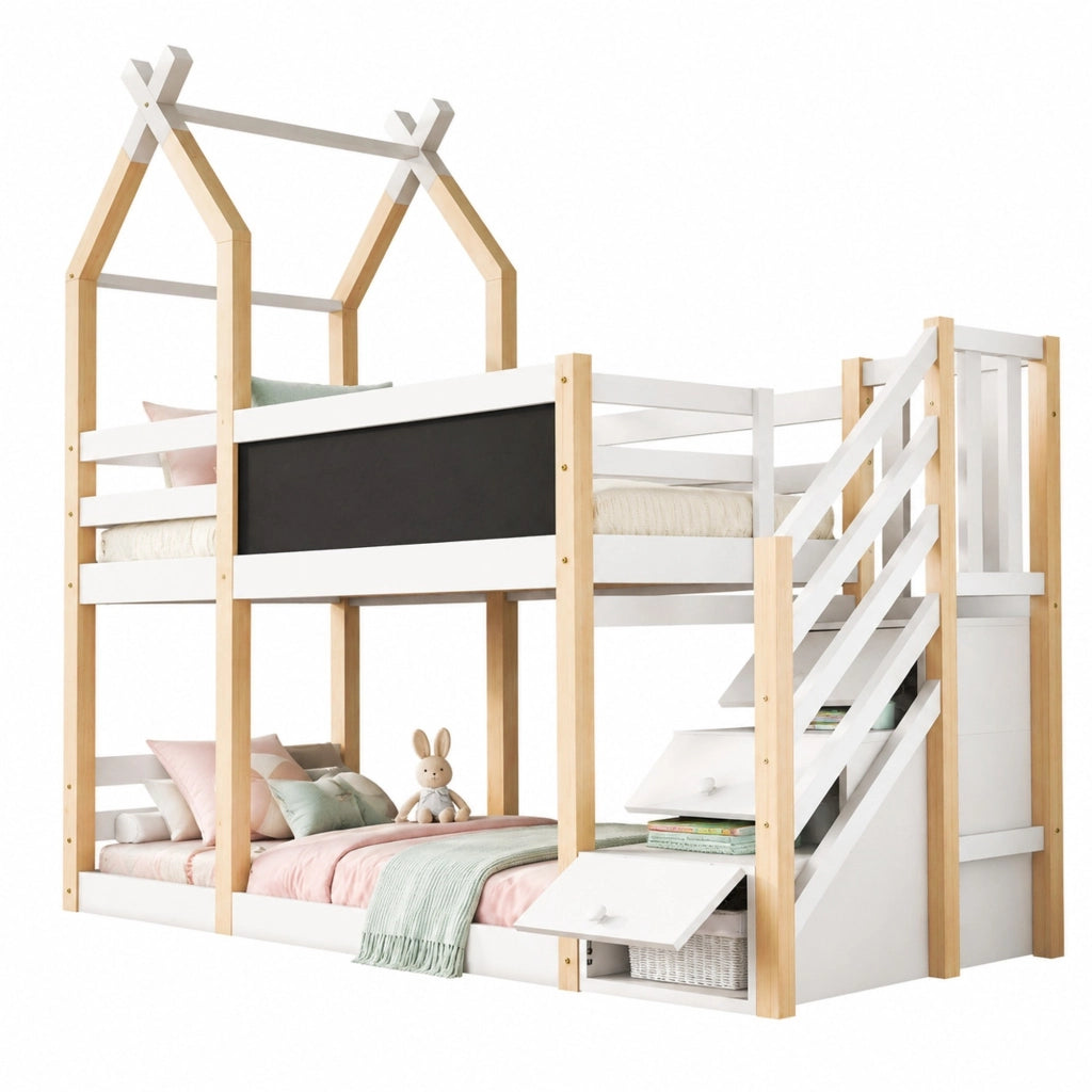 Letto a castello per bambini 90x200 cm con design baita, lavagna frontale e scale contenitore, bianco