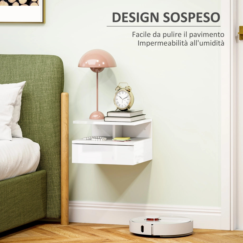 Comodino Sospeso per Camera da Letto con Cassetto e Ripiano Aperto in Legno, 35x32x22.5 cm, Bianco
