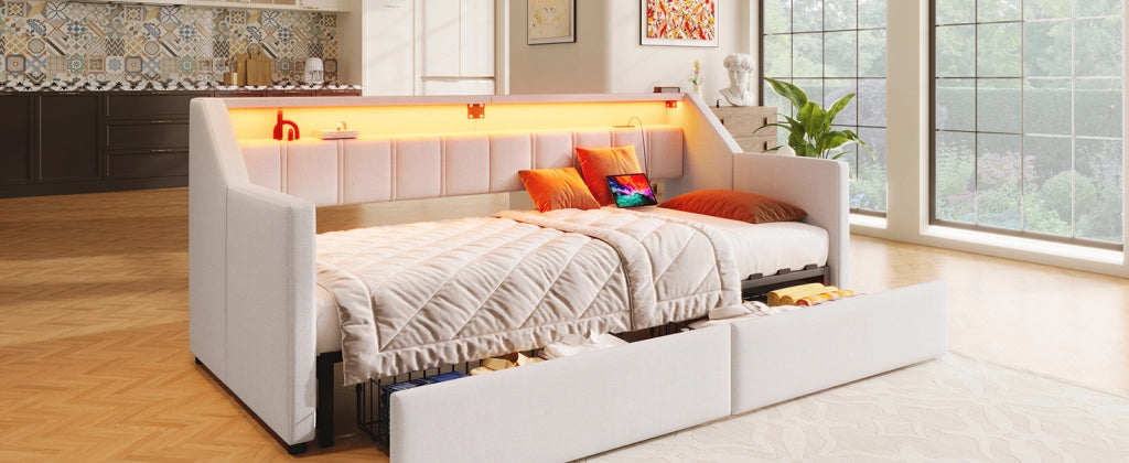 DESMIU Divano letto 90 × 200 cm 1 posto con USB, Type-C, LED, 2 cassetti e tasche, senza materasso, beige