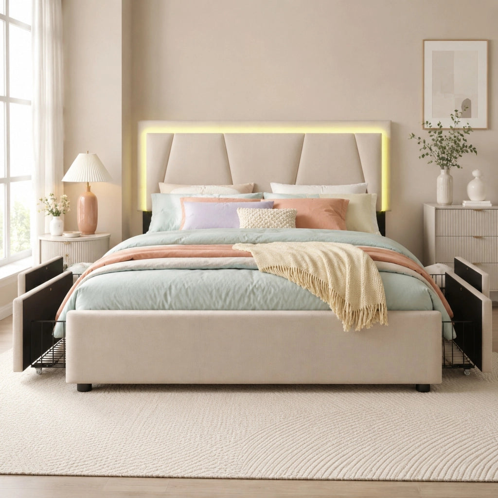LETTO 140x200 cm Beige con testiera regolabile, LED e 4 cassetti