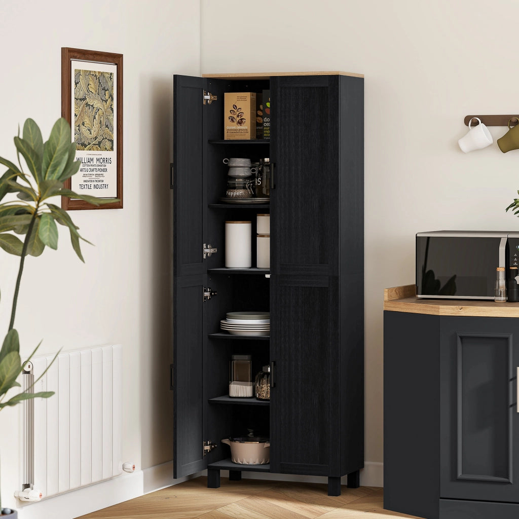 Mobile Dispensa da Cucina con 5 Ripiani Regolabili e 4 Ante ¨C Zephmum ¨C Nero, Legno, 60x30x170.5 cm