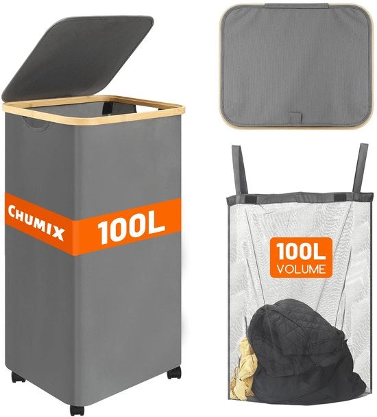 100L Wasmachine Opvougbare con Coperchio, con Ruote, Maniglie in Bambù, Tas Interno Rimovibile e Lavabile, per Camera da Letto, Bagno, Cucina (Grigio)