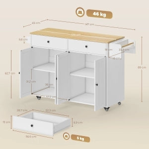 Isola da Cucina con 2 Ante; 2 Cassetti; Portasciugamani e Portaspezie; con Ruote; in Legno; Bianca