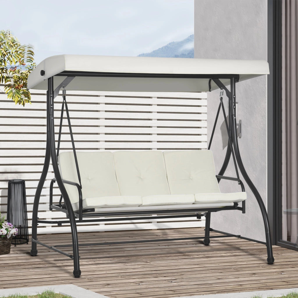 Dondolo Letto da Giardino 3 Posti con Tettuccio Regolabile 195x117x175 cm in Acciaio e Poliestere Crema e Nero