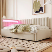 Divano letto imbottito 90x200 in velluto beige con LED e contenitore idraulico