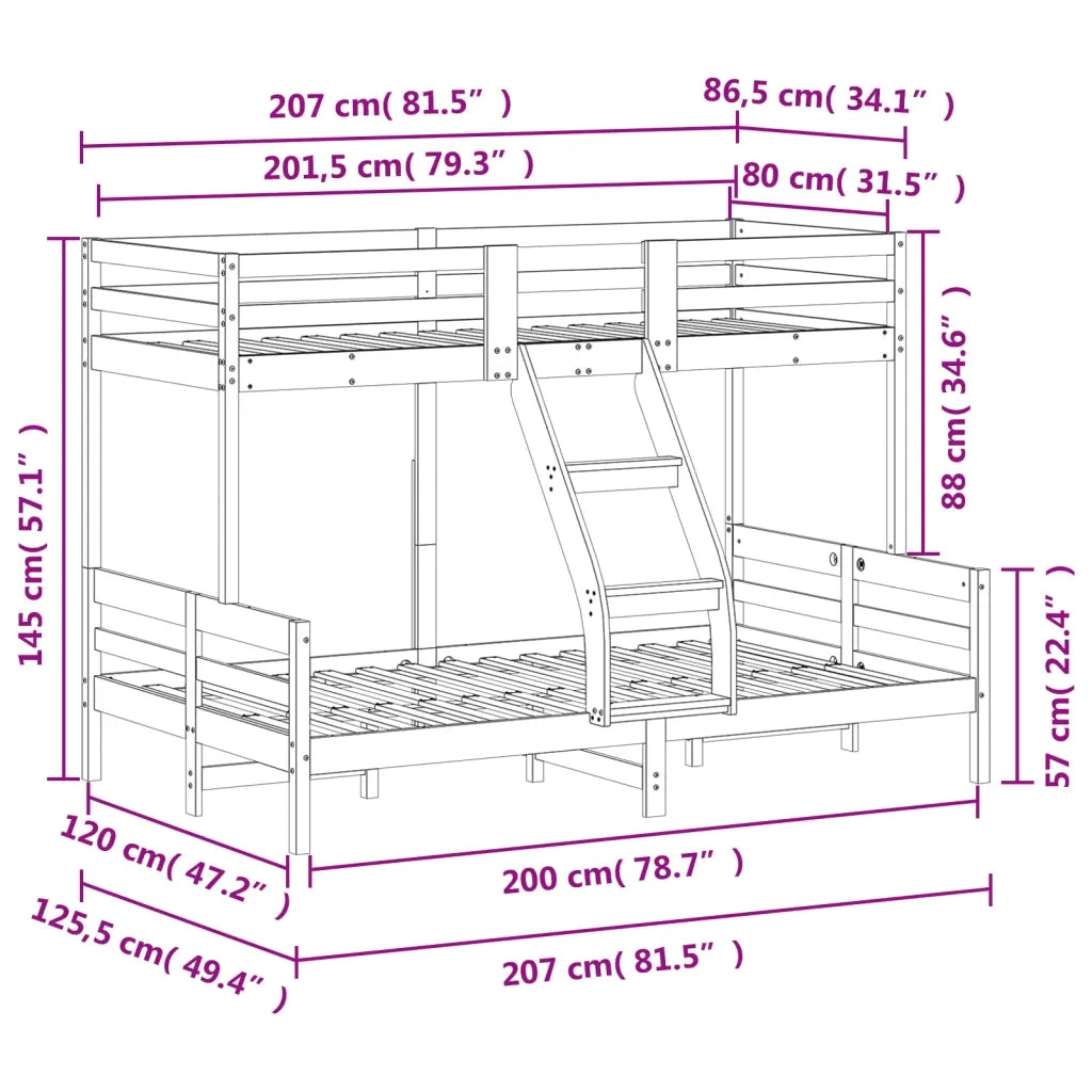 Letto a Castello 80x200/120x200 cm in Legno Massello di Pino 3207161