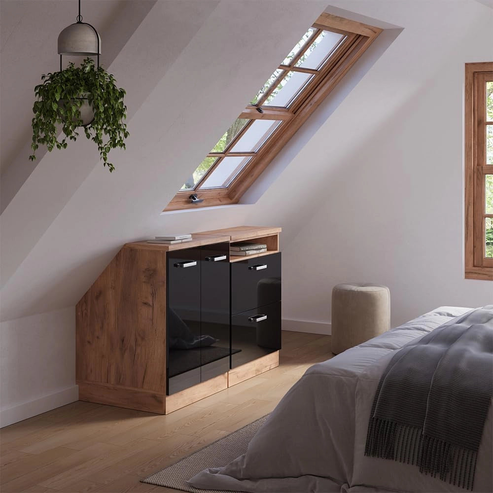 Set di mobili sottotetto Rion, Nero lucido, 120 cm Set di 2 carcasse armadio profondità 60 cm, adatto per il salvaspazio sotto tetti spioventi