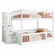 Letto a castello per bambini 140x200 cm con scala a cassetti e sponde; bianco