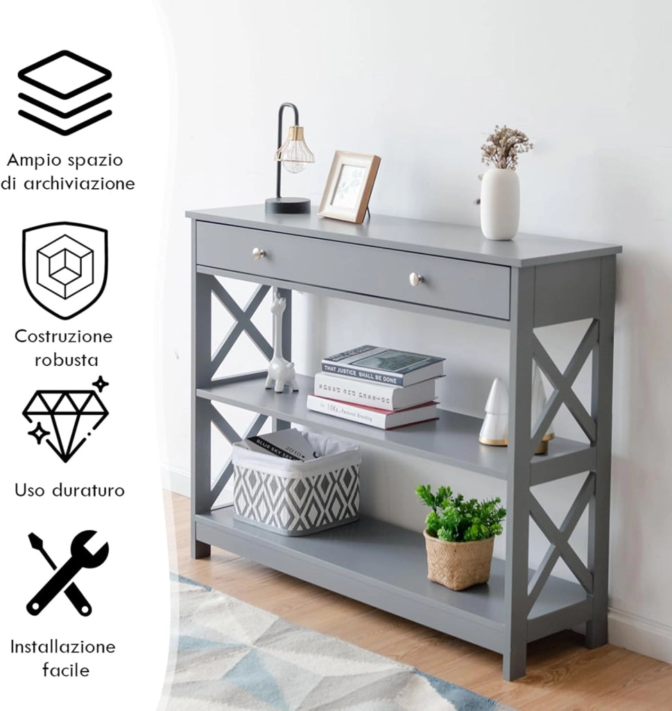 Tavolo Consolle con Cassetto, Tavolo da Ingresso a 3 Ripiani, Tavolino per Divano per Ingresso Soggiorno Camera da Letto, Stile Vintage Industriale (Grigio)