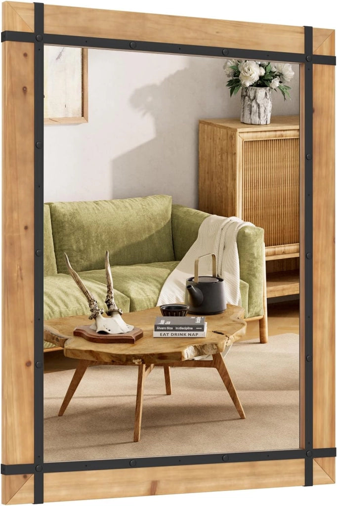 Specchio da Parete 77 x 100 CM, Specchio Rettangolare con Cornice in Legno di Abete, Specchio da Parete per Bagno Ingresso e Camera da Letto