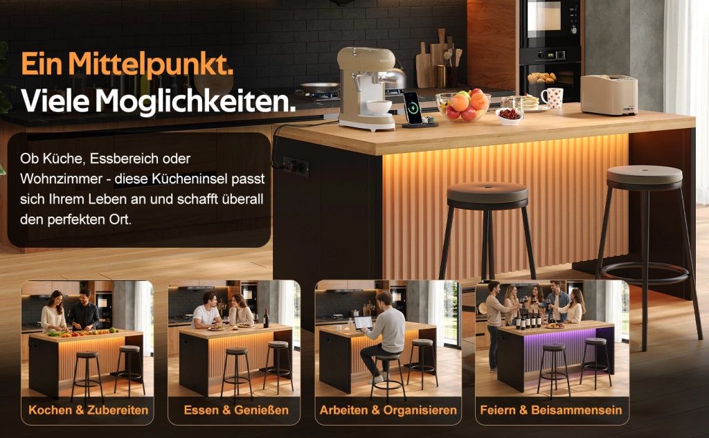 Mobile cucina con LED, 2 prese e 2 USB, piano da 40 mm, per cucina aperta, in MDF nero e naturale 155 × 80 × 90 cm