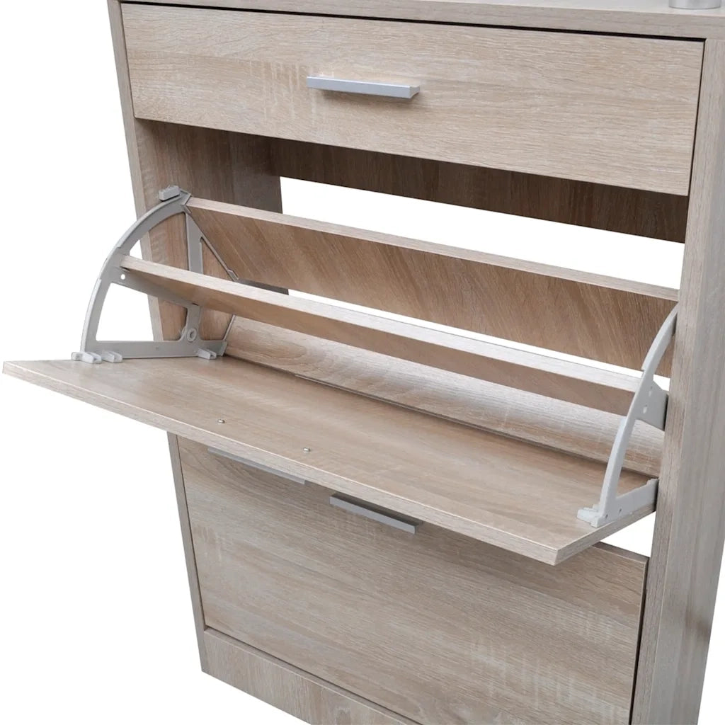 Scarpiera con 1 Cassetto e Mensola Vetro Sopra in Legno Rovere 241245