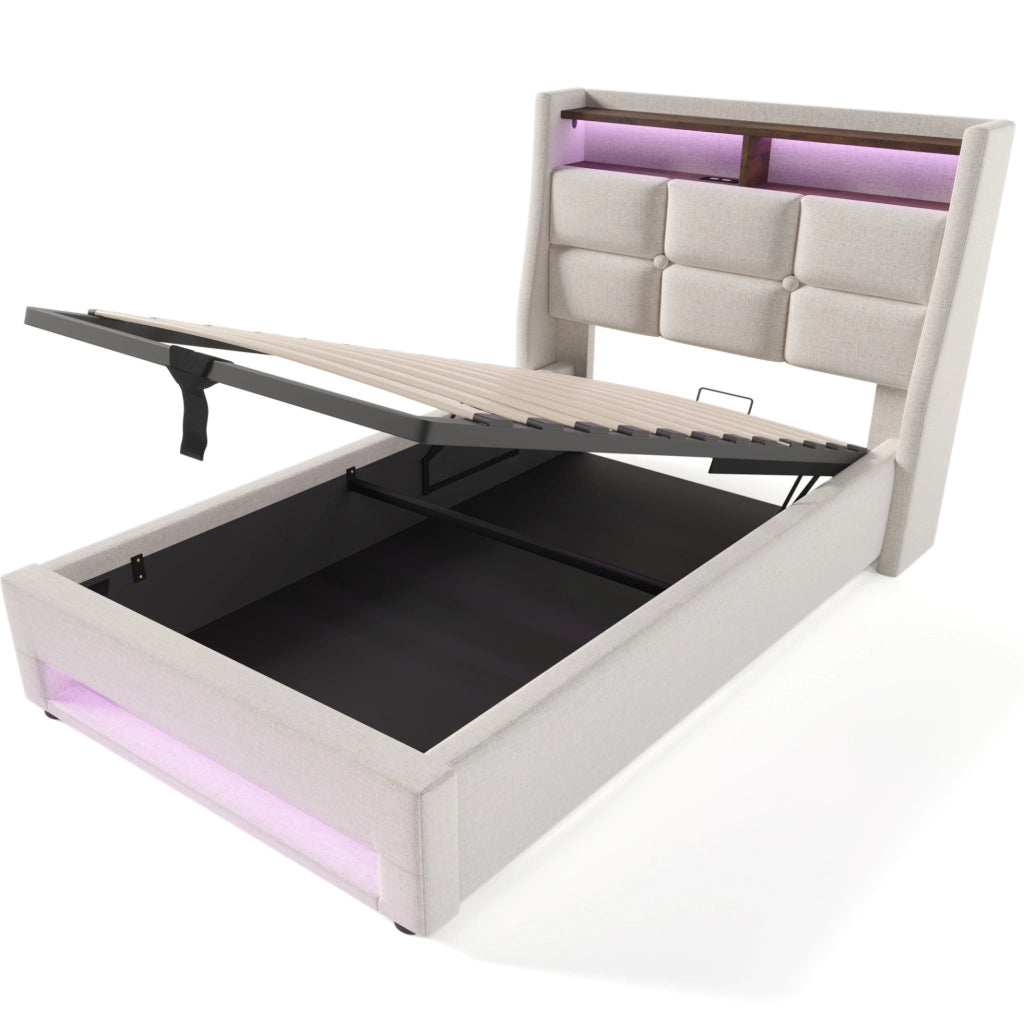 Letto contenitore 90x200 cm in lino beige chiaro con USB, LED, senza materasso