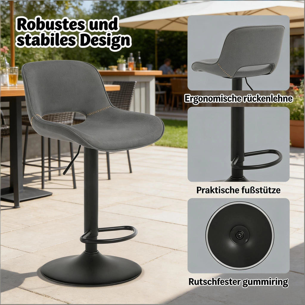 Sgabello da bar girevole con schienale ergonomico e seduta imbottita in lino e metallo grigio altezza regolabile set da 2