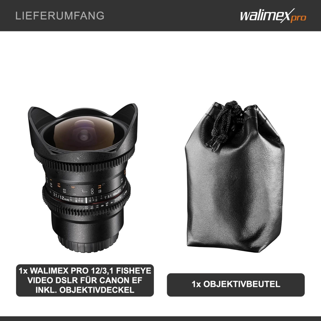 Walimex Pro 12mm 1:3.1 Fish-Eye VCSC per obiettivo Canon EF con baionetta nera (messa a fuoco manuale, calcolato per il sensore full-frame, regolazione continua dell'apertura, con paraluce rimovibile)