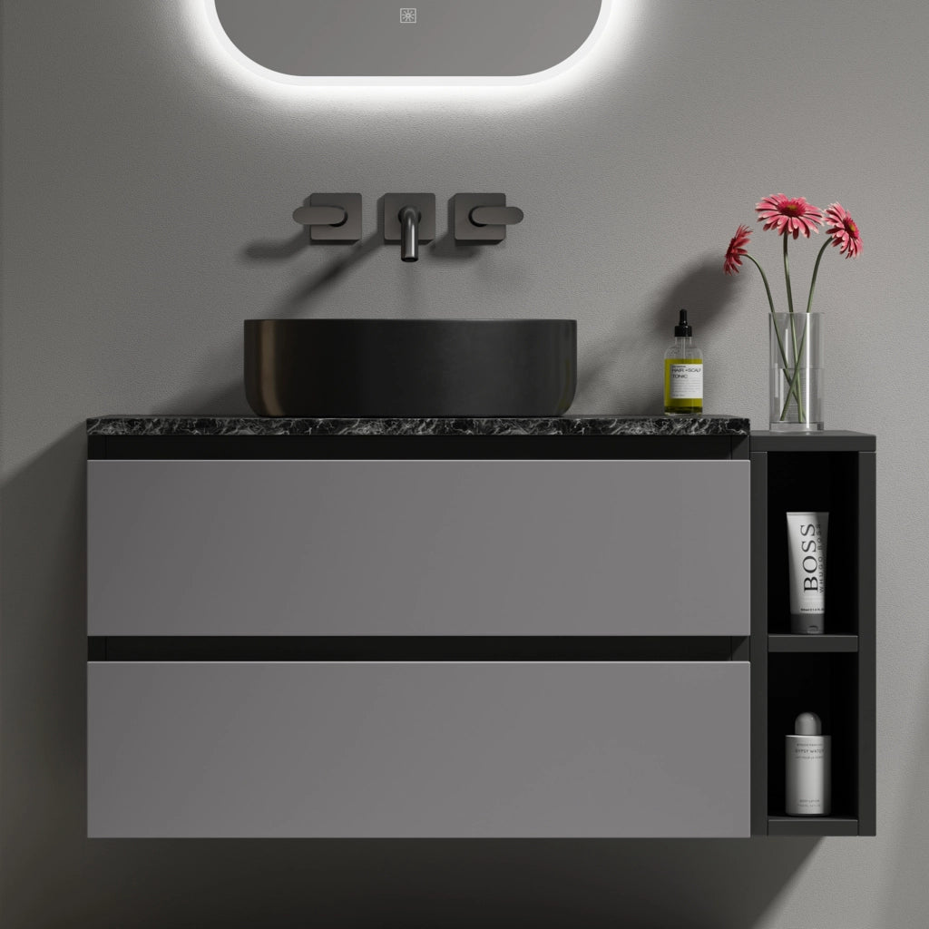 Mobile sottolavabo con cassetti e vano aperto; lavabo rotondo in ceramica; per bagno; in MDF; nero e grigio
