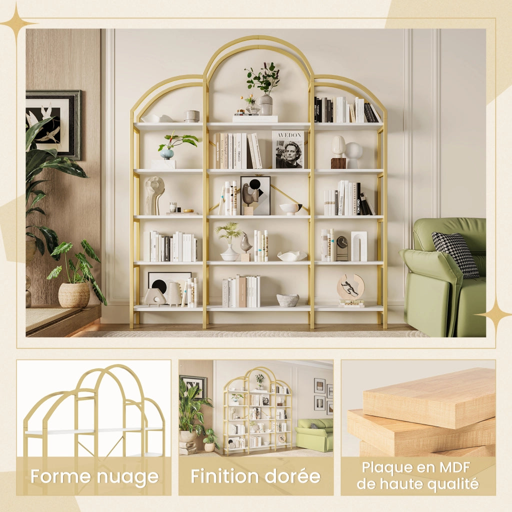 Libreria 5 Ripiani con Decorazione a Nuvola; Struttura Stabile in Metallo e MDF Bianco Oro
