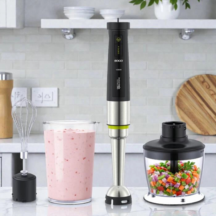 Frullatore ad immersione 1200W con 4 lame titanio, bicchiere 600ml, tritatutto 500ml, velocità variabile - SOGO