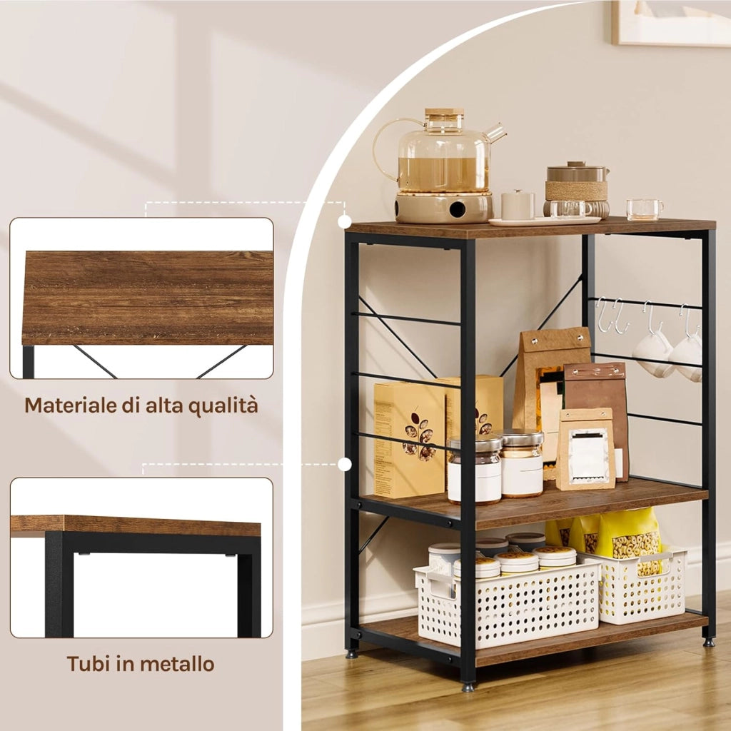 Scaffale per Cucina Carrello per Microonde Forno a 3 Ripiani in Metallo e Legno Scaffalature Fioriera Multiuso, Effetto Legno Vintage