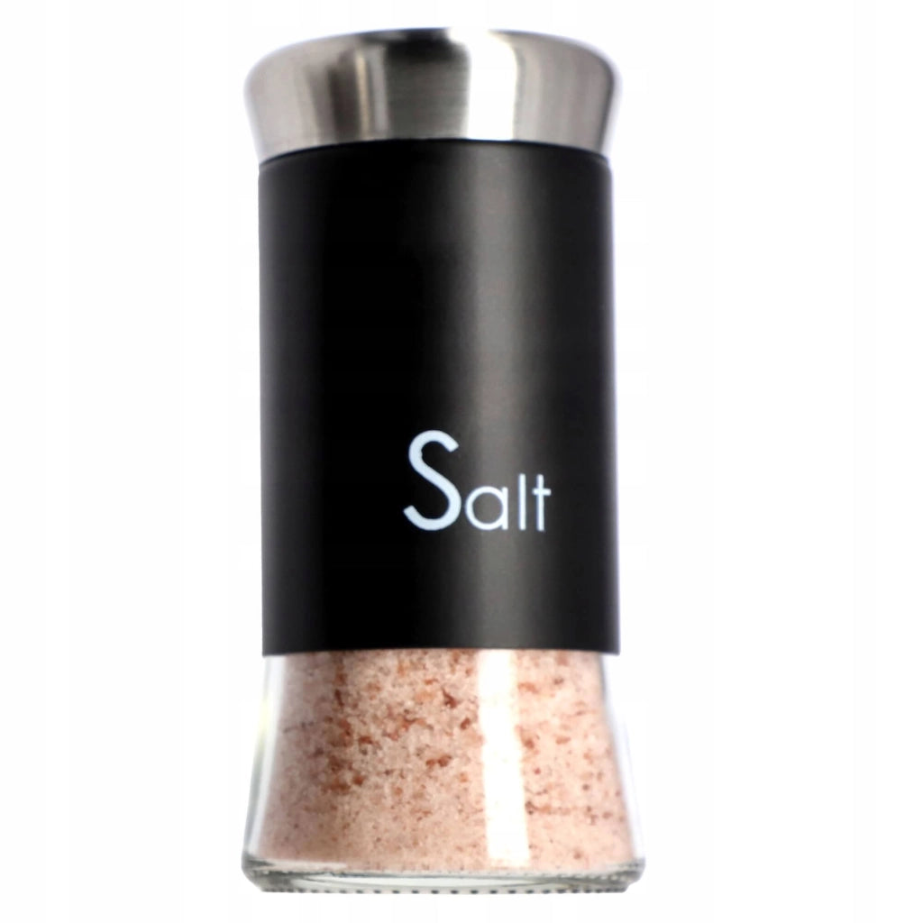 Saliera KADAX, contenitore per sale, nera, 150 ml, in vetro e acciaio, per condimenti.