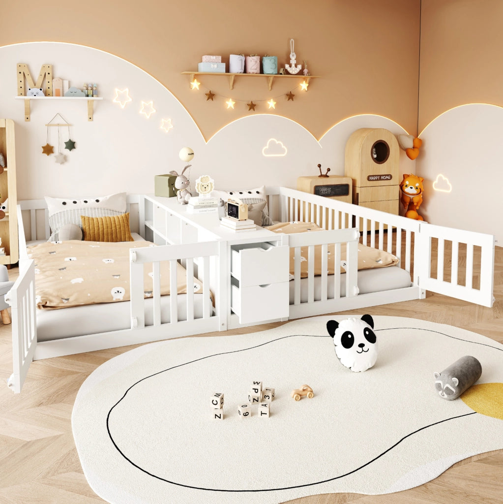 Letto 90x200 cm con ripiani e cassetti; sponde alte in legno bianco