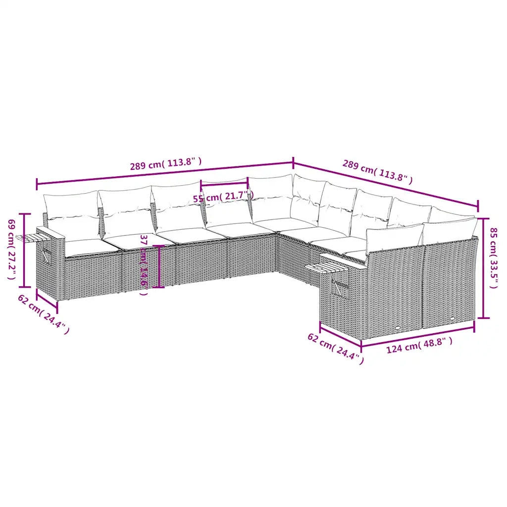 Set Divano da Giardino 10 pz con Cuscini Grigio in Polyrattan