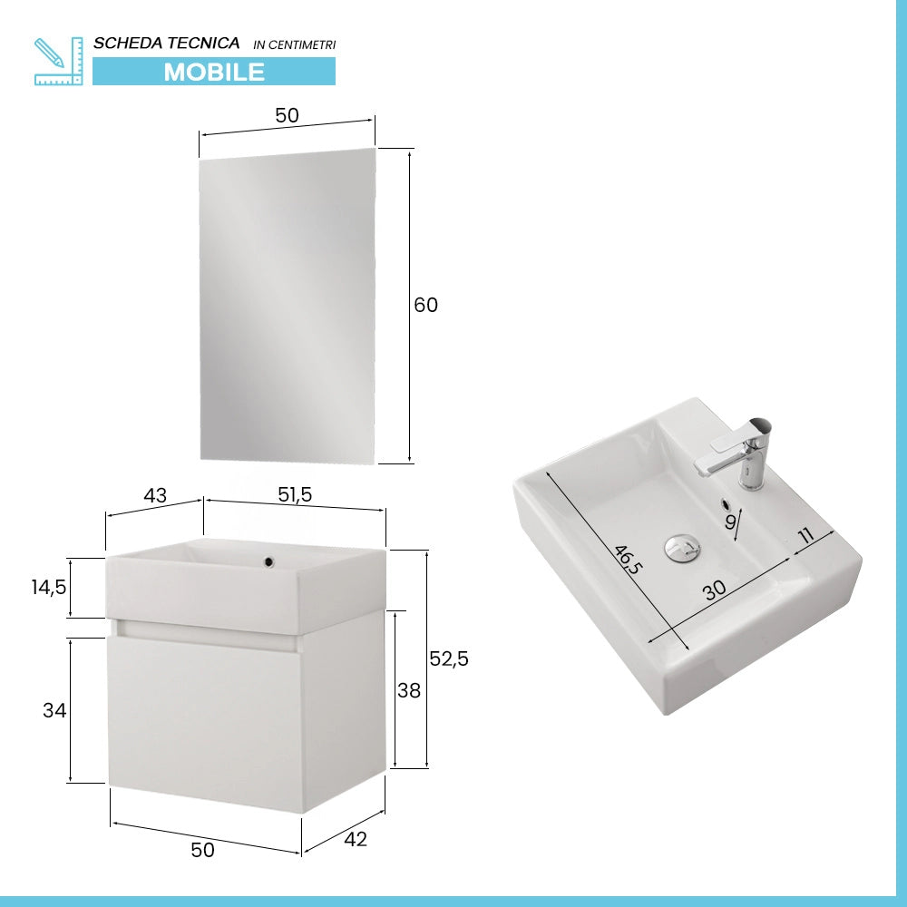 Mobiletto bagno sospeso 50 cm salvaspazio bianco 1 anta Kira