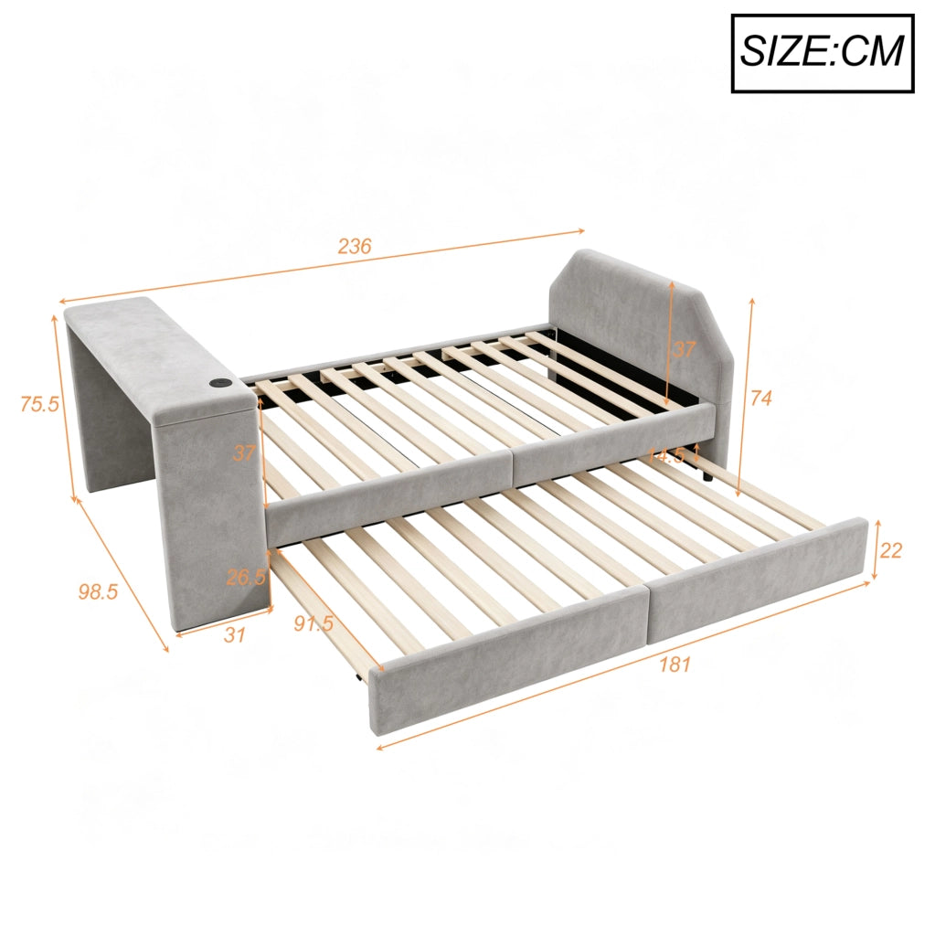 Letto imbottito per bambini 90x200 cm con scrivania, USB e letto estraibile in velluto grigio
