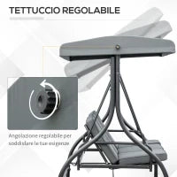 Dondolo da Giardino 3 Posti Convertibile in Lettino con Tettuccio Regolabile, Grigio Scuro