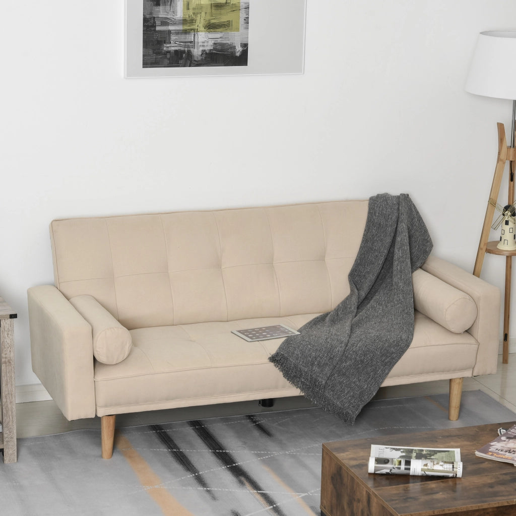 Divano Letto 3 Posti ¨C Zephmum ¨C Tessuto Beige, Schienale Regolabile, Braccioli Rimovibili, 185x84x85cm