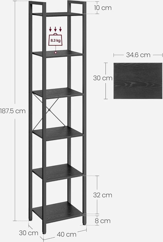 Libreria alta a 6 livelli - ripiano verticale - scaffale libri in legno con 6 piani - nero - 30 x 40 x 187,5 cm