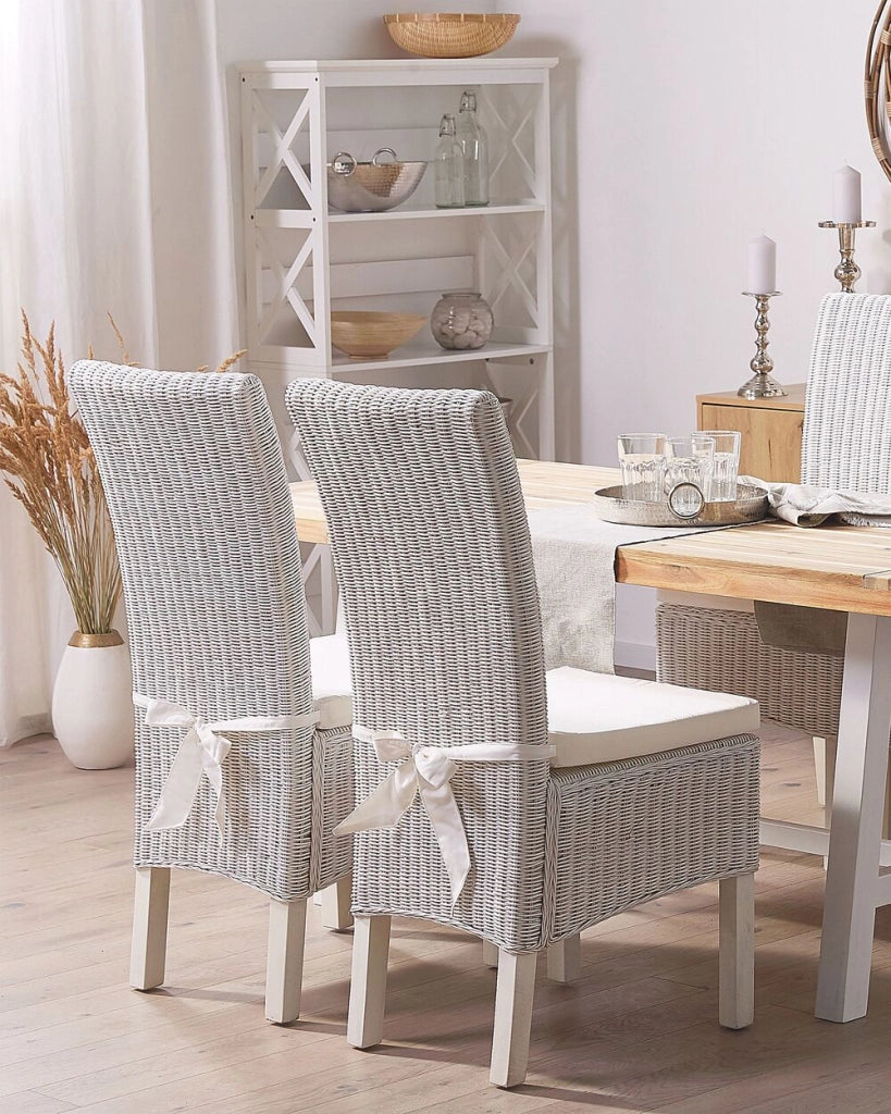 Set di 2 sedie da pranzo in rattan intrecciato con cuscini stile boho schienale alto sala da pranzo soggiorno bianco