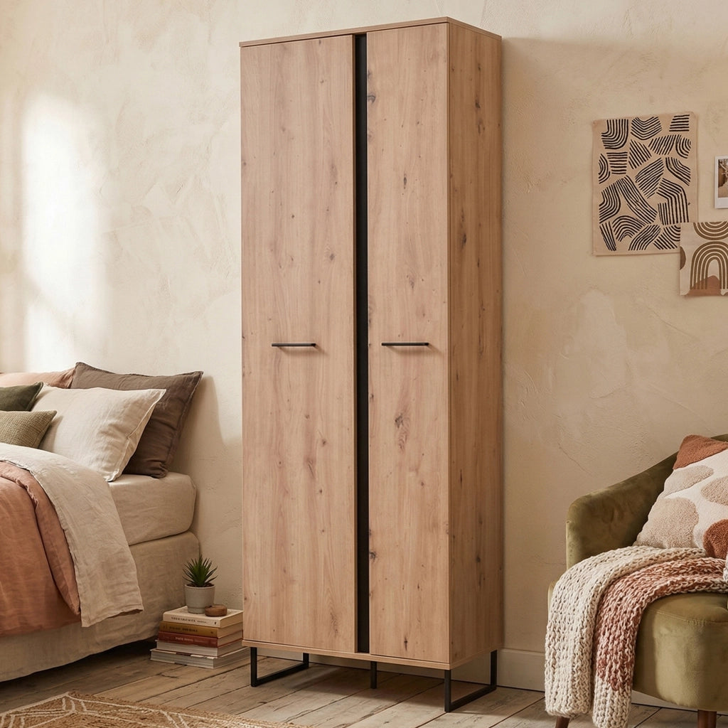 Armadio Camera da Letto Seriate, Guardaroba 2 Ante Appendiabiti, 70.5x194.5h cm Marrone Rovere Nodi