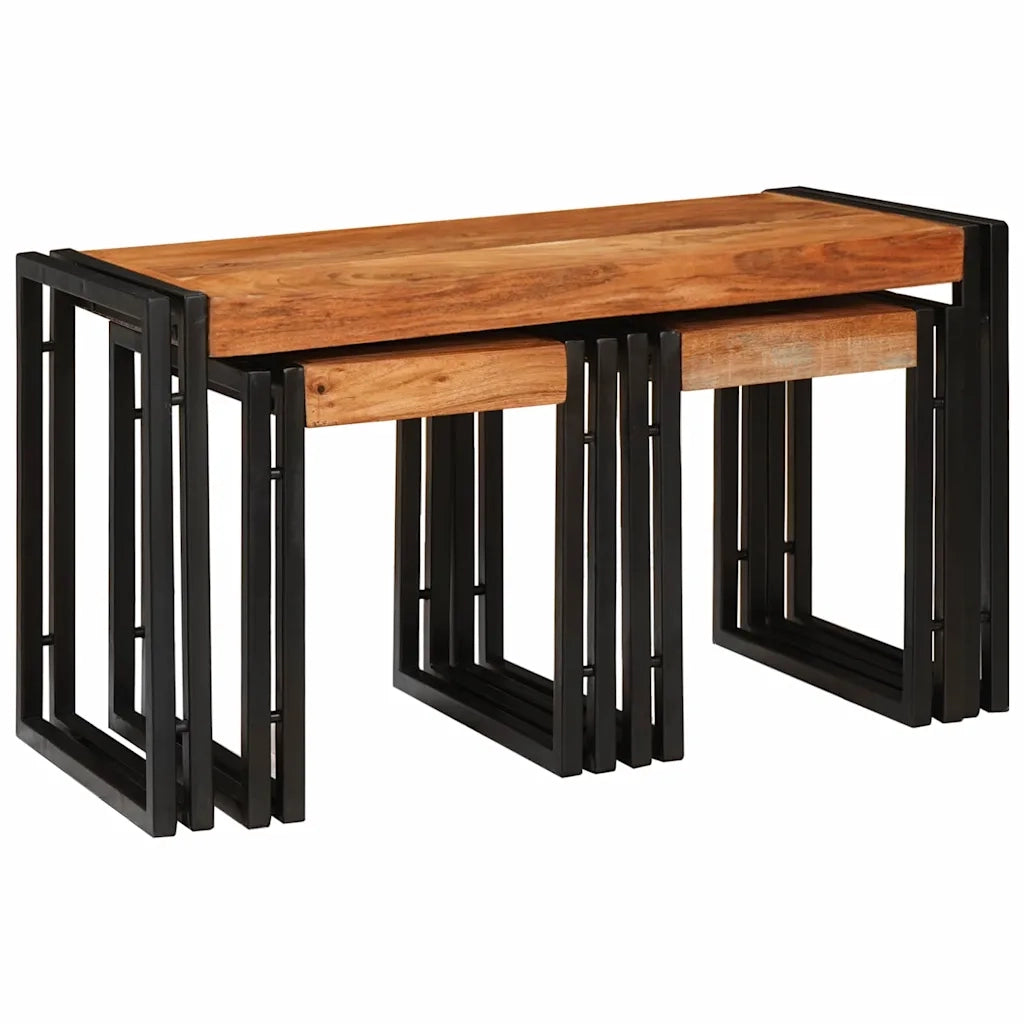 vidaXL Tavoli da Fine 3 pcs Marrone e nero Legno massello di acacia