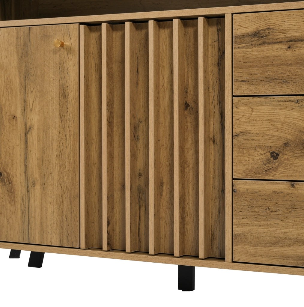 Credenza 120x40x85 cm con 3 cassetti; 2 ante e vano aperto in legno rovere scuro