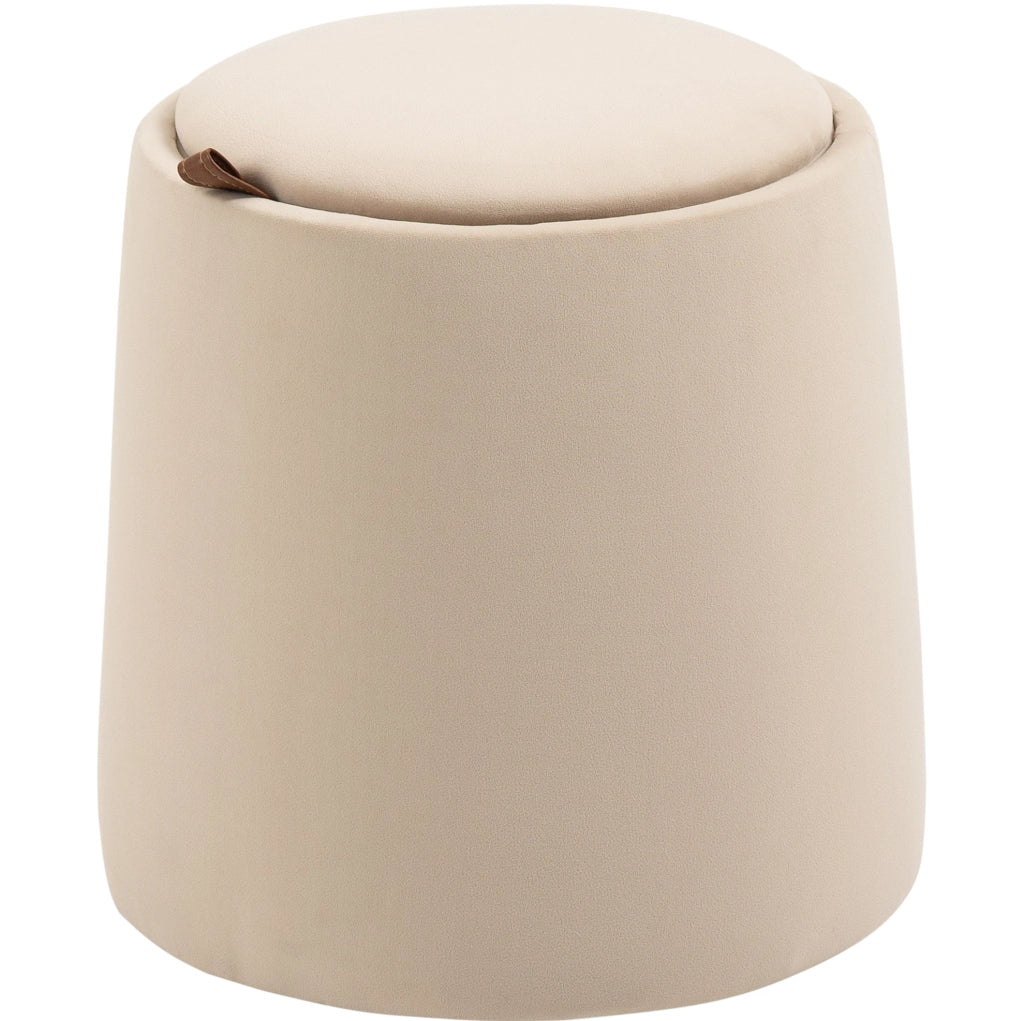 Ottomana rotonda beige con vano contenitore e coperchio reversibile