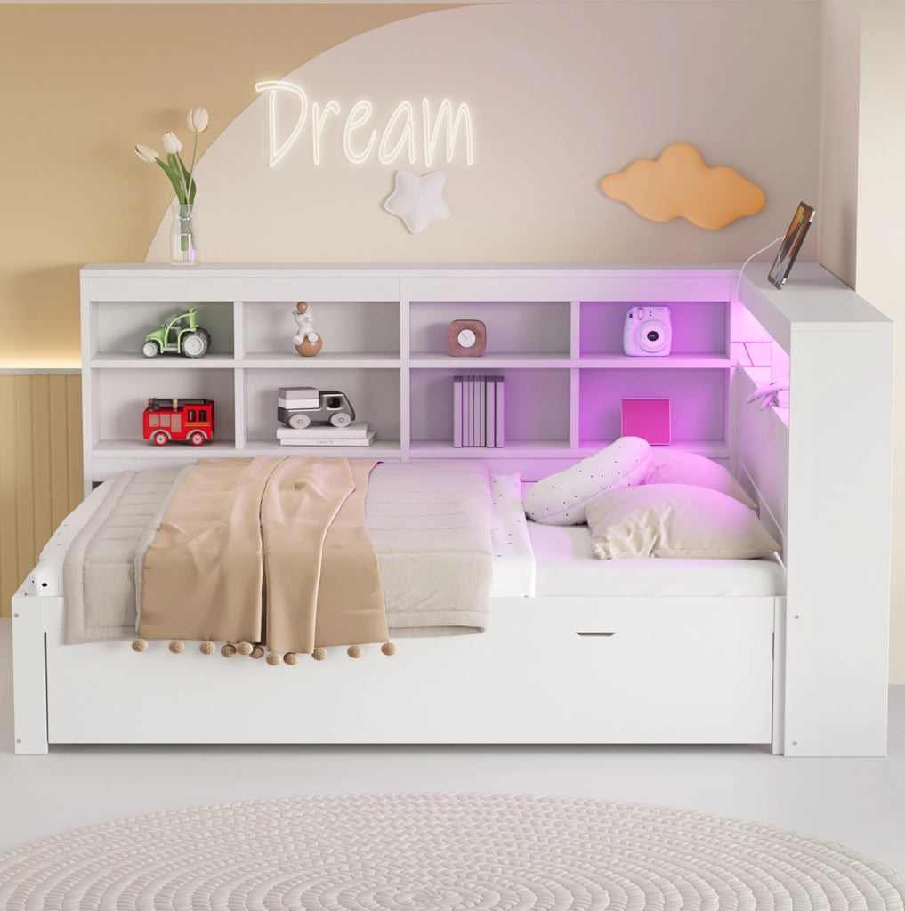 Divano letto 140x200 cm; con USB e LED; legno bianco