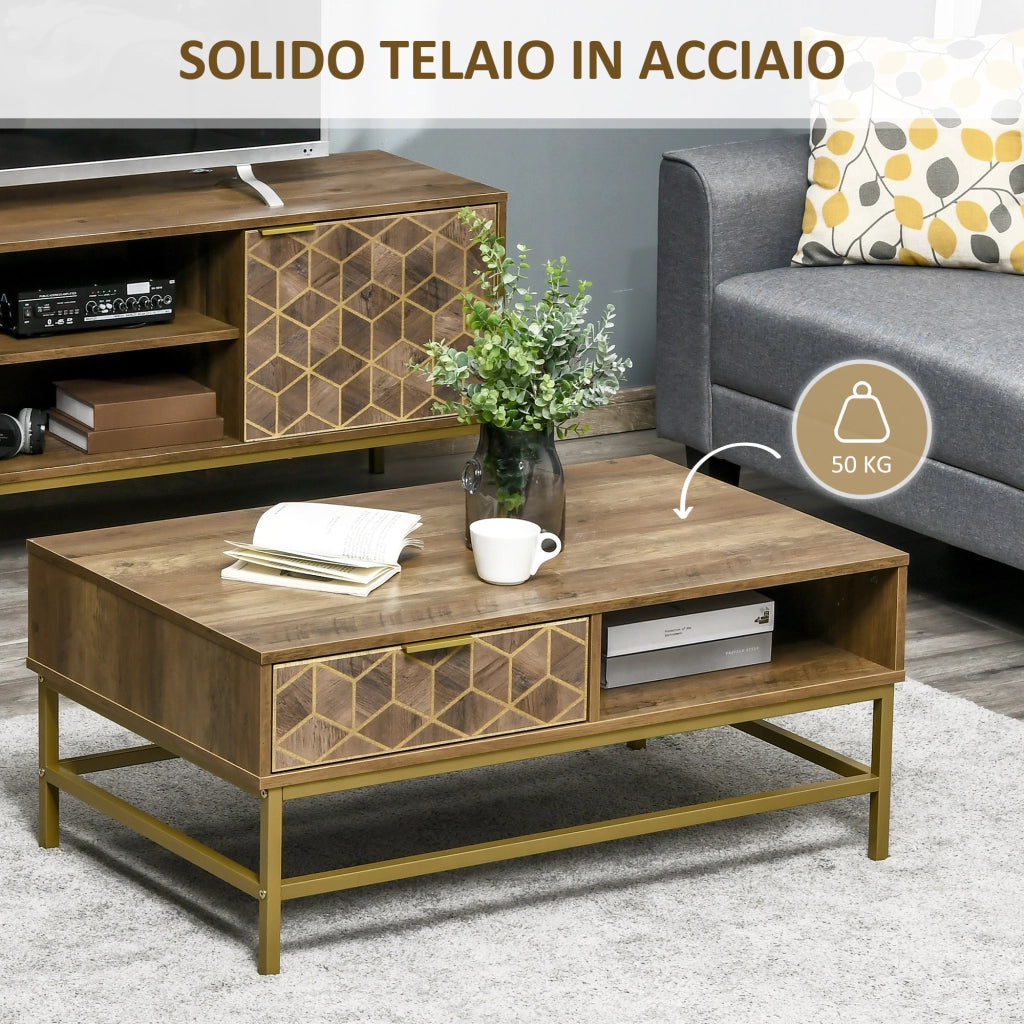 Easycomfort Tavolino da Salotto Rettangolare con Cassetto e 2 Ripiani Aperti, 100x59x42.8cm