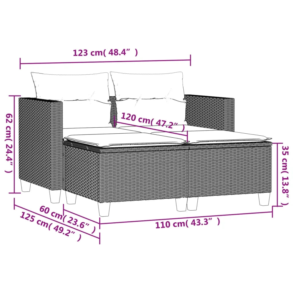 Divano da Giardino 2 Posti con Sgabelli-Sofa da Giardino-Divano da esterno Nero in Polyrattan 289891